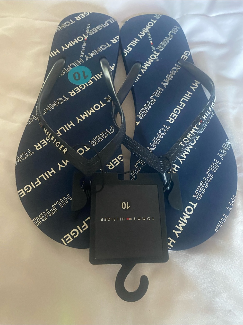 Tommy Hilfiger Navy Logo Flip-Flops with Black Straps size 10